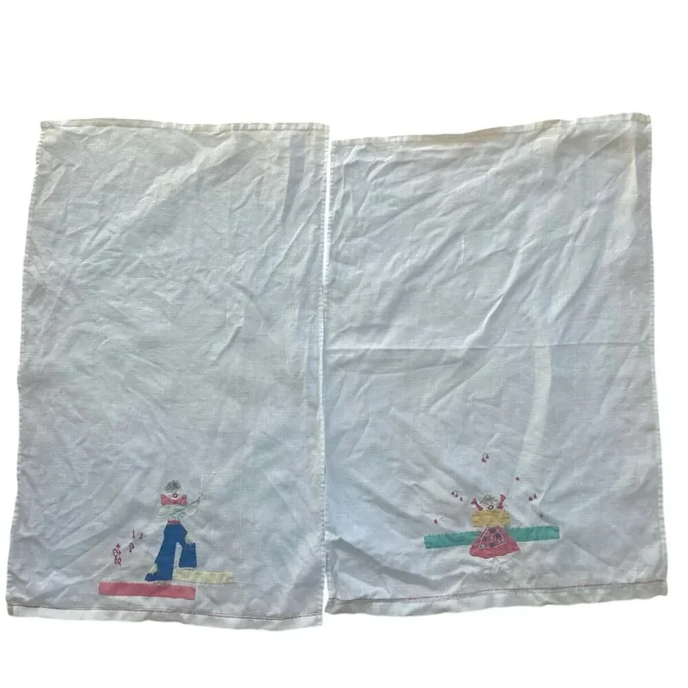 Vintage Handmade Primitive Country Shabby Chic Cross Stitch White Hand Towels